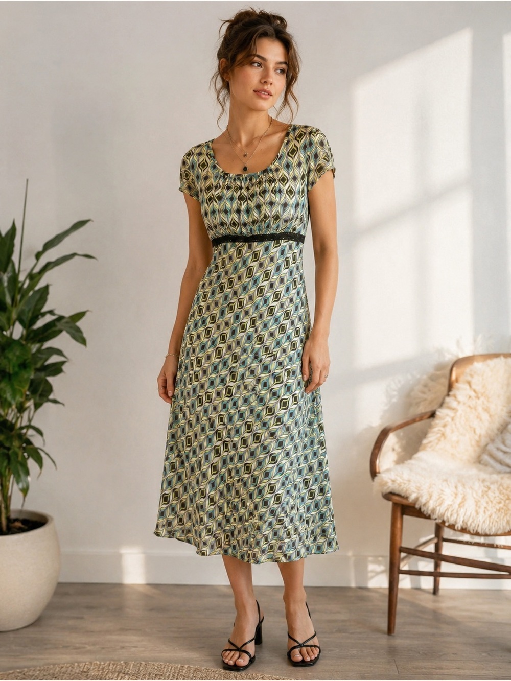 Y2K Dorby Geometric Print Midi Dress Size 8 Retro Empire Waist Flutter Sleeve